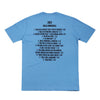 Parte de trás da camiseta azul claro "Bocas Ordinárias", destaque para a discografia completa do álbum.