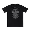 Parte de trás da camiseta preta Charlie Brown Jr, discografia do álbum Transpiração Contínua Prolongada em letras brancas.