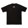 Camiseta oversized preta, vista traseira, detalhe retangular "Chorão" próximo à gola.