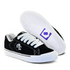 Sola do tênis masculino preto e branco qix Chorão park com logo da marca em roxo.