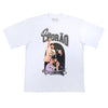 Camisa oversized branca com escrita QIX CHORÃO, com imagens do cantor e frase "Coração vagabundo bate na sola do pé" na parte inferior.