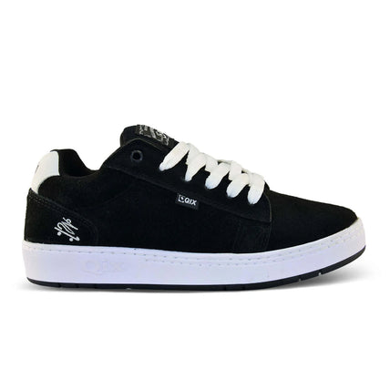 Tênis preto e branco da qix pequeno boneco andando de skate bordado e solado lateral na cor branca.